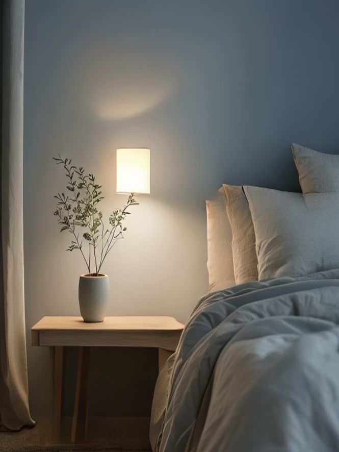 Minimalistisk nattbord med planter og myke lys